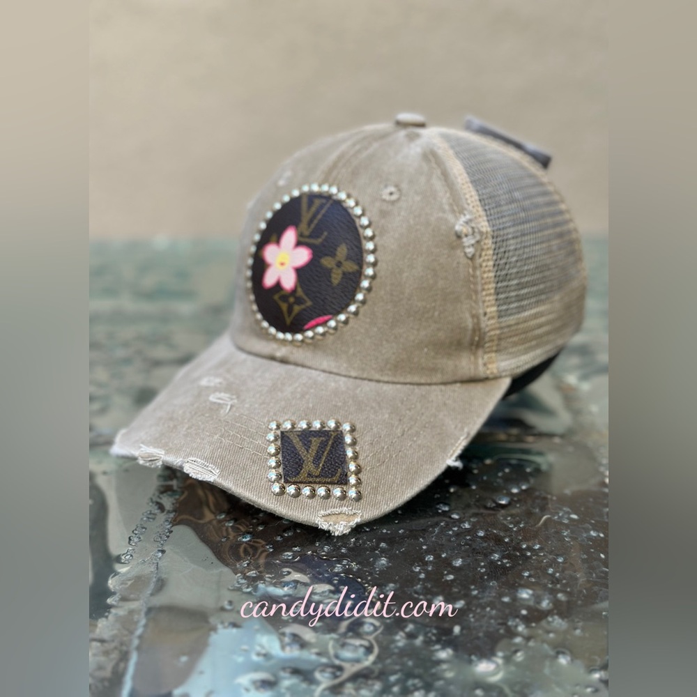 Unique Handmade Cherry Blossom Distressed Studded LV Tan Ball Cap - Picture 7 of 11